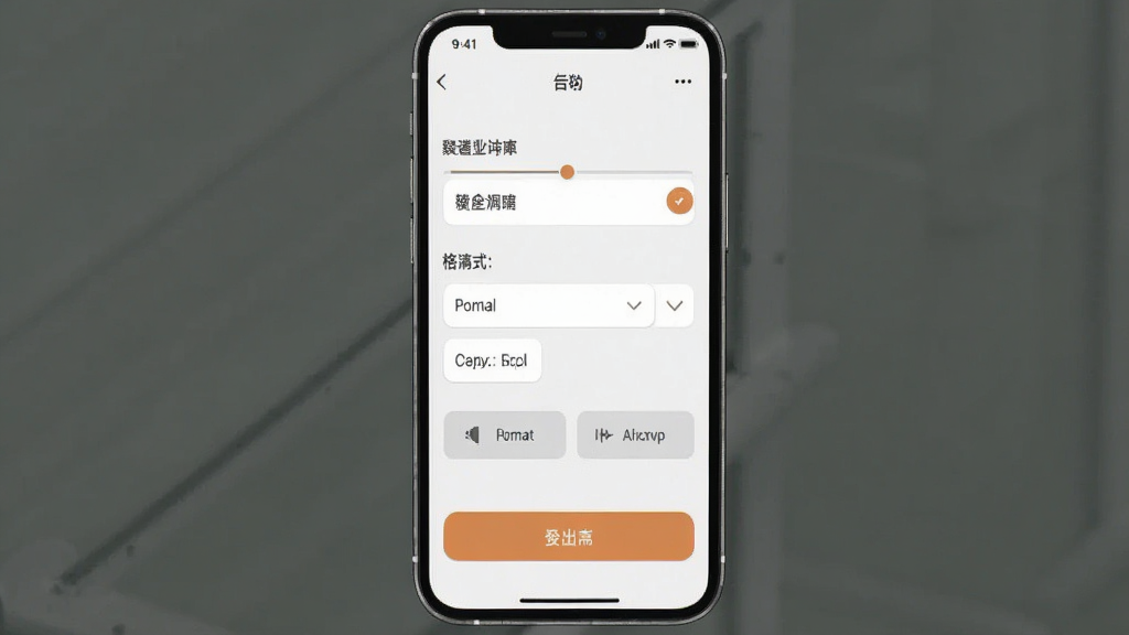 一张展示手机端片头软件导出设置界面的图片,画面中有分辨率选择、格式选择、导出按钮,界面简洁,风格现代,画质清晰,干净无多余元素