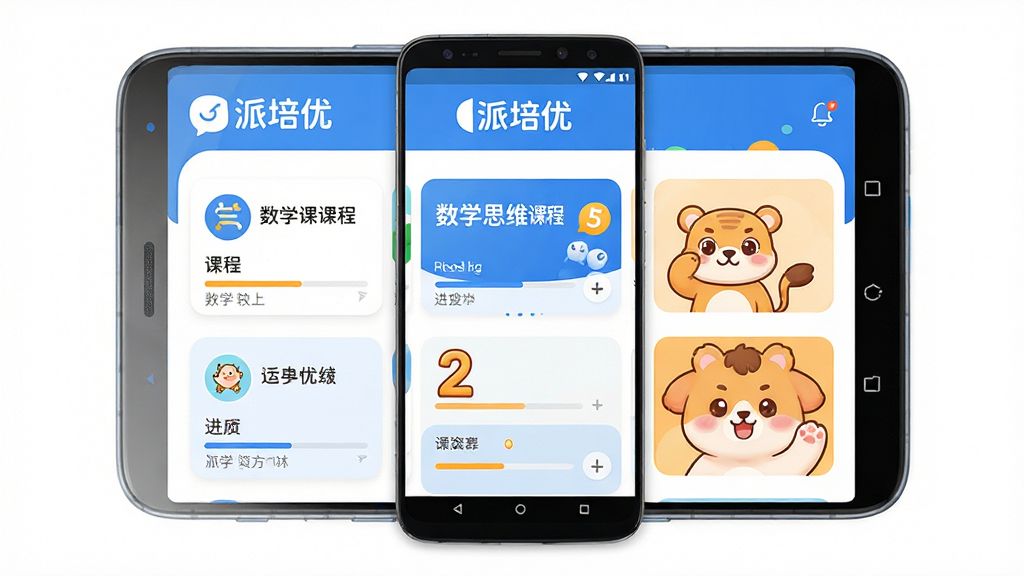 派培优软件主界面全貌展示,主体为一部安卓手机屏幕,屏幕中显示派培优APP首页,页面上方有派培优文字标识,页面中间排列着数学思维课程卡片和卡通动物形象,配色以蓝白为主辅以橙黄点缀,布局为手机正面竖屏展示,风格清新童趣,细节包括课程图标、进度条、卡通数字元素,画质高清干净无多余元素