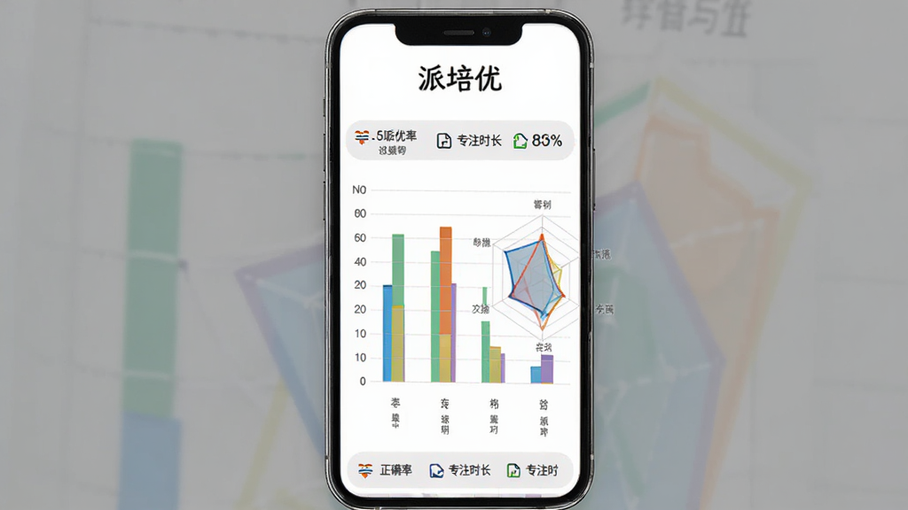 派培优学习报告页面展示,主体为手机屏幕竖屏,屏幕中显示柱状图和雷达图,图表标注正确率、专注时长等数据,页面顶部有派培优文字,布局为上下结构,风格简洁现代,细节包括彩色数据条、图标说明文字,画质高清干净无多余元素