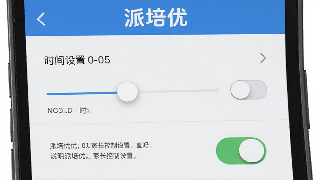 派培优家长控制设置界面,主体为手机屏幕竖屏,屏幕中显示时间设置选项和开关按钮,页面顶部有派培优文字,布局为列表式,风格简洁清晰,细节包括时间滑块、开关控件、说明文字,画质高清干净无多余元素