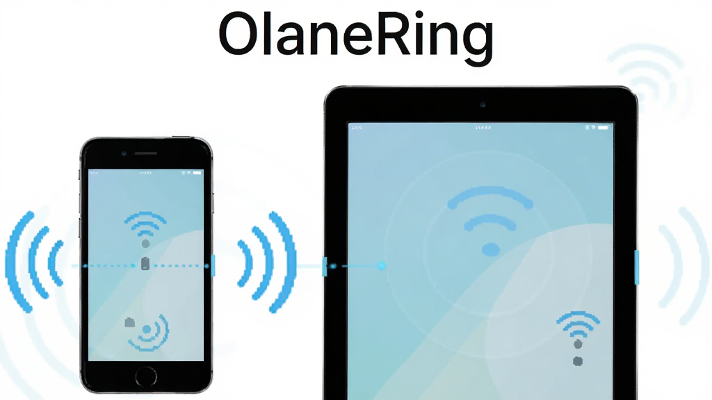 一部手机和一台平板电脑之间显示无线连接波纹,OlaneRing软件名称以简洁字体出现在画面顶部,主体为手机和平板并排展示,布局居中对称,风格为扁平化科技插画,细节包含连接线条和信号图标,画质高清,画面干净无多余元素。