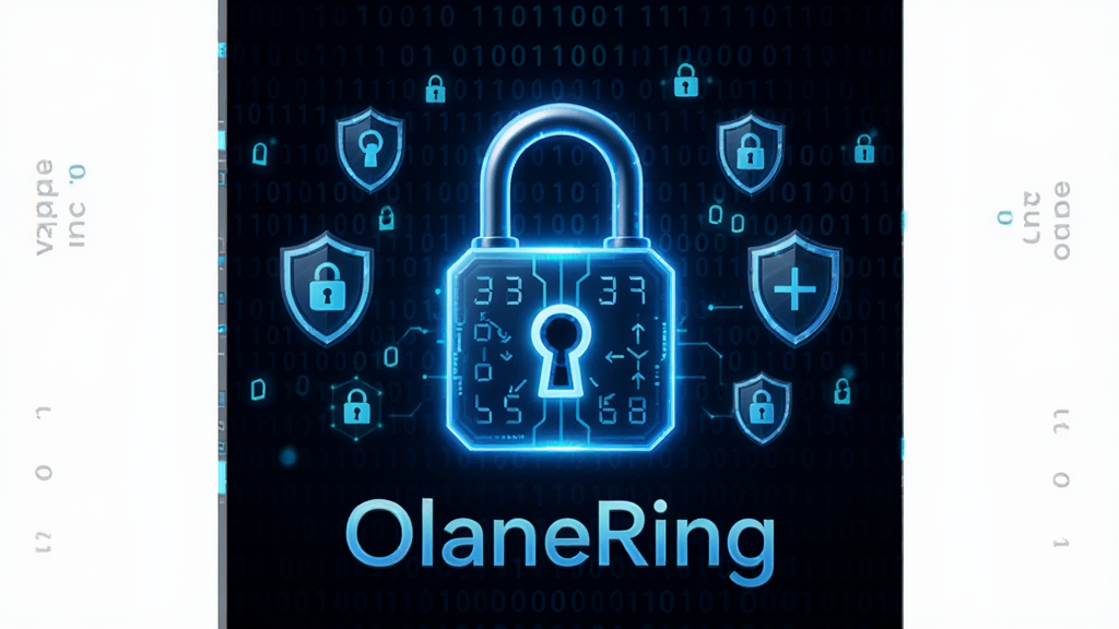 画面中央显示一把发光的数字锁和OlaneRing软件名称,锁周围环绕着数据加密符号和盾牌图标,布局为居中对称,风格为安全科技感,细节包含二进制代码背景,画质高清,画面干净无多余元素。