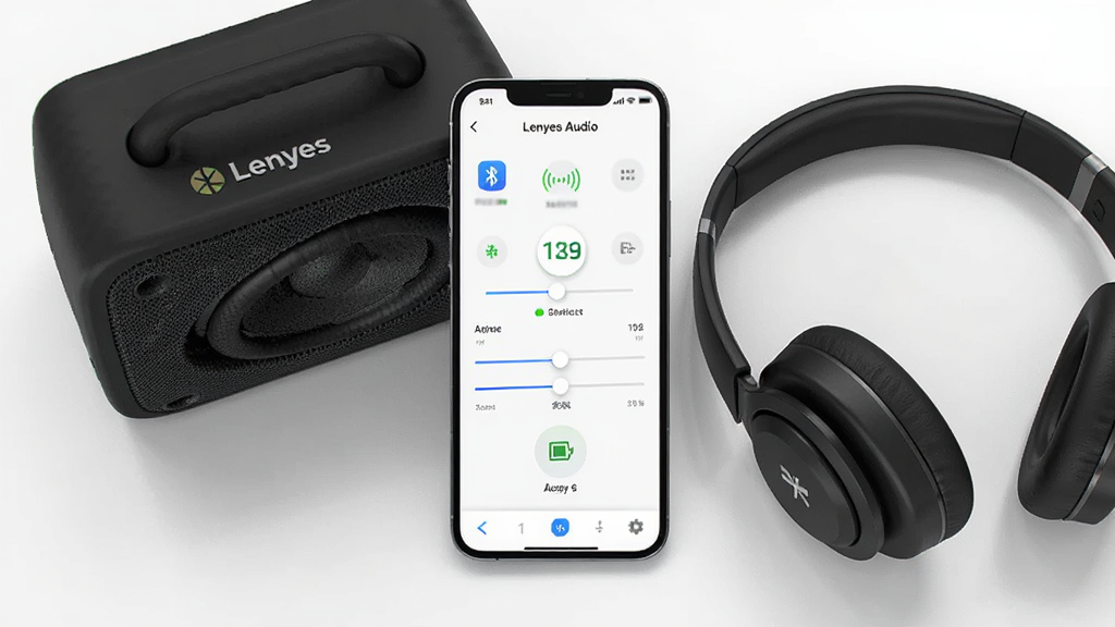Lenyes Audio 是一款蓝牙音频设备管理工具,画面主体为一部智能手机,屏幕显示 Lenyes Audio 应用界面,界面中包含设备连接状态、音效调节滑块和电量指示图标,手机旁边放置一台 Lenyes 蓝牙音箱和一副头戴式耳机,背景为浅灰色桌面,布局采用居中构图,风格为现代科技简约风,细节包含清晰的 UI 图标和柔和的阴影,画质为高清渲染,干净无多余元素