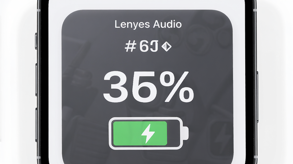 Lenyes Audio 电量监控界面,主体为手机屏幕显示大号电量百分比和电池图标,布局为顶部设备名称下方电量信息,风格为柔和圆角卡片设计,细节包含绿色电量填充和充电闪电标识,画质高清,干净无多余元素