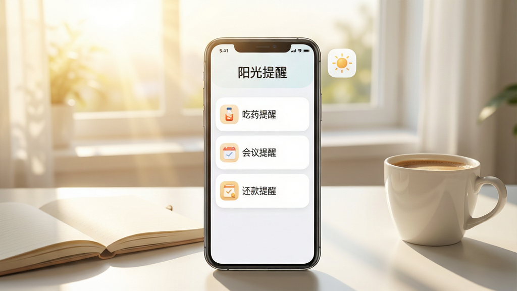 阳光提醒手机应用界面展示,画面中央一部智能手机竖屏显示提醒列表页面,页面顶部有“阳光提醒”字样,列表包含“吃药提醒”“会议提醒”“还款提醒”等条目,背景为清晨阳光透过窗户洒在桌面上,桌面有笔记本和一杯咖啡,整体布局简洁明了,风格清新明亮,细节包括图标柔和圆角、字体清晰易读,画质高清,干净,无多余元素