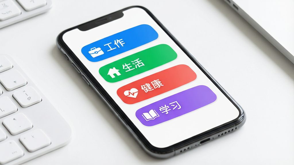 阳光提醒分类标签管理界面展示,画面中央手机屏幕显示彩色标签列表,标签包括“工作”蓝色、“生活”绿色、“健康”红色、“学习”紫色,每个标签旁有对应图标,背景为白色简洁桌面,布局整齐排列,风格现代简约,细节包括标签圆角矩形、颜色鲜明,画质高清,干净,无多余元素