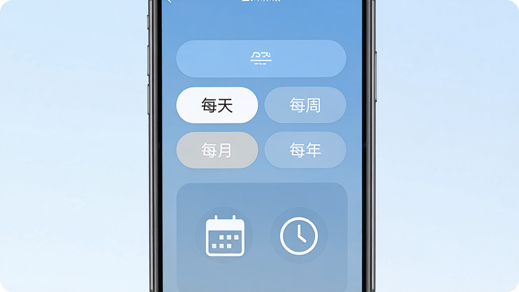 阳光提醒智能重复提醒功能展示,画面中央手机屏幕显示设置界面,有“每天”“每周”“每月”“每年”选项按钮,下方有日历图标和时钟图标,背景为淡蓝色渐变,布局居中对称,风格扁平化设计,细节包括按钮圆角、图标简洁线条,画质高清,干净,无多余元素
