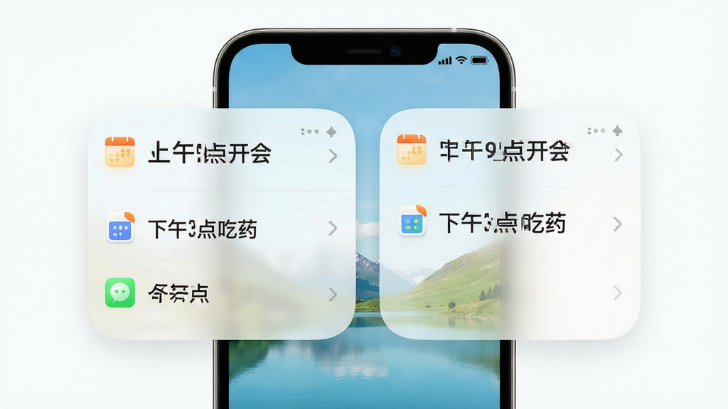 阳光提醒桌面小组件功能展示,画面中央手机桌面显示两个不同尺寸的小组件,小组件内列出“上午9点开会”“下午3点吃药”等提醒条目,桌面背景为清新风景壁纸,布局自然错落,风格贴近真实手机桌面,细节包括小组件圆角、字体清晰、图标精致,画质高清,干净,无多余元素