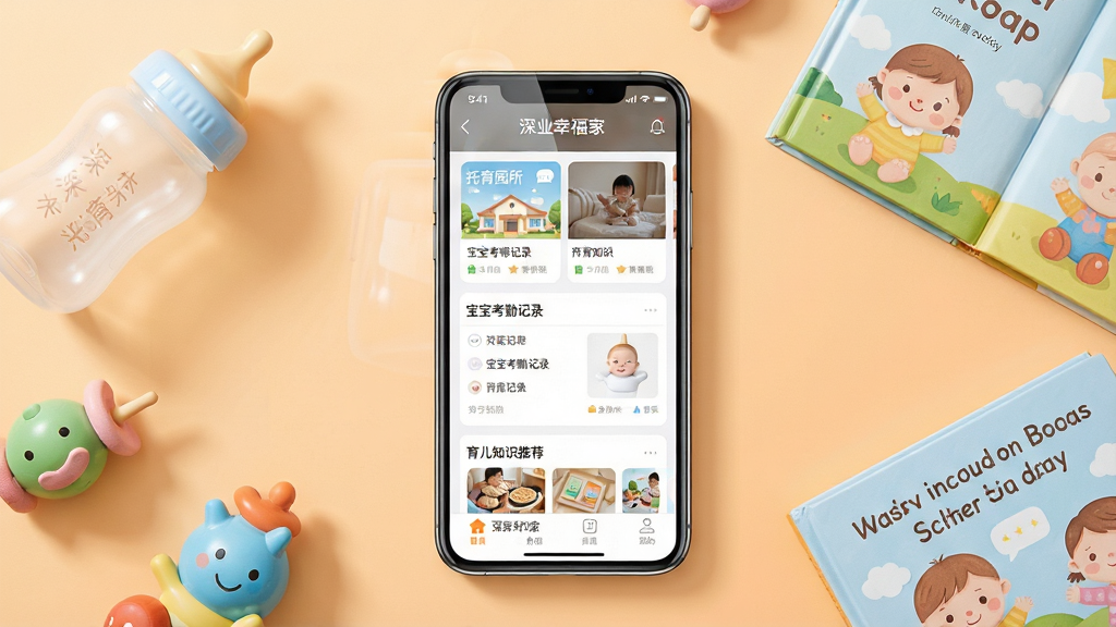 一张展示深业幸福家手机应用界面的场景图,画面中央是一部智能手机,屏幕显示深业幸福家APP主页面,页面上有托育园所卡片、宝宝考勤记录和育儿知识推荐模块,手机周围环绕着可爱的婴儿用品如奶瓶、小玩具和绘本,背景是温暖柔和的浅橙色渐变,布局采用居中构图,风格温馨现代,细节上手机屏幕有轻微反光,画面干净整洁,画质高清,无多余元素
