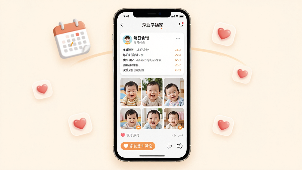 一幅展示深业幸福家APP中园所动态页面的生图,画面主体是一块悬浮的手机屏幕,屏幕内显示托育园的每日食谱卡片和宝宝活动照片墙,屏幕下方有家长点赞和评论的交互按钮,布局采用手机屏幕居中、周围漂浮着日历图标和爱心图标,风格温馨可爱,细节上照片墙有多个宝宝笑脸缩略图,画质高清,干净无多余元素