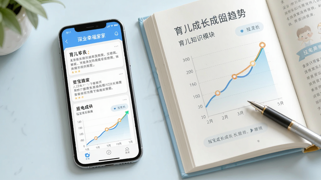 一幅展示深业幸福家APP育儿知识模块的生图,画面中央是手机屏幕显示育儿文章列表和宝宝成长曲线图表,屏幕旁边有一本翻开的育儿书籍和一支笔,布局采用手机与书籍并排摆放,风格清新淡雅,细节上成长曲线呈上升趋势,画质高清,干净无多余元素