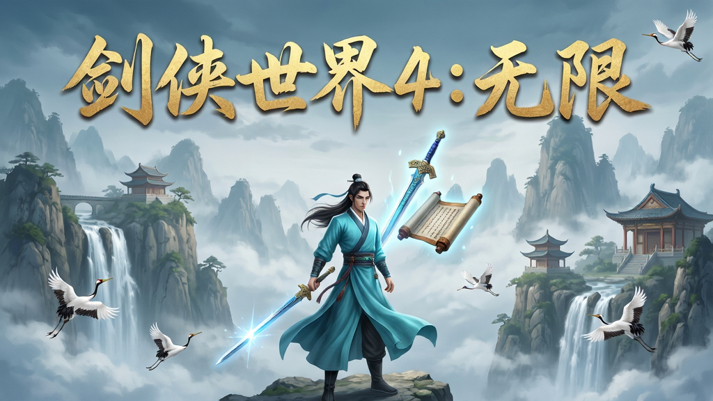 主体为一位身着青衫的武侠剑客站在云雾缭绕的山巅之上,背景是层峦叠嶂的国风山水,远处有飞瀑流泉与古典楼阁,画面中央悬浮着发光的宝剑与卷轴。布局采用纵向构图,人物居中偏下,上方留白处用金色毛笔字体书写“剑侠世界4:无限”六个大字。排版上文字与画面融合自然,风格为唯美写实国风CG插画。细节包括剑客衣袂飘飘、剑身反射冷光、山间有仙鹤飞过。画质为4K超高清,画面干净整洁,无多余杂物元素。