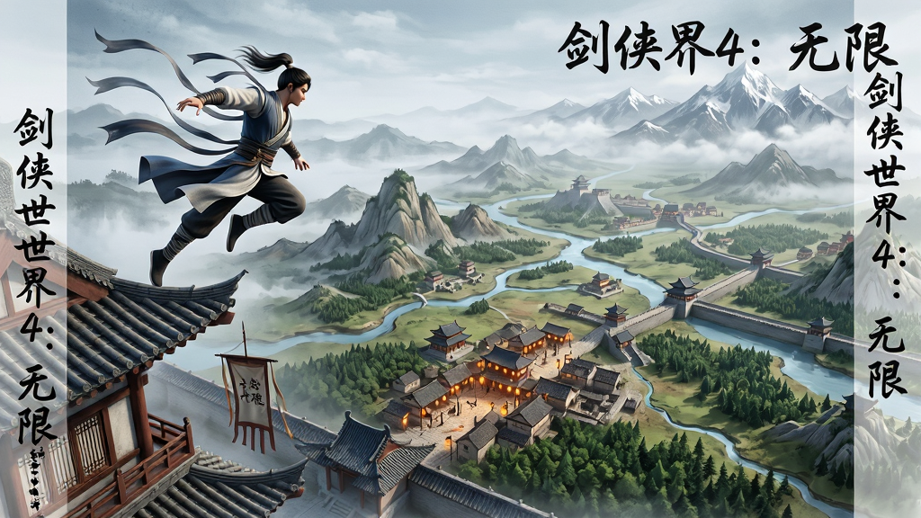 主体为一位轻功高手正从古典城楼顶端跃下,身后是广阔无垠的国风大地图,包含山川、河流、城镇与森林。布局采用俯视广角镜头,人物位于画面左上方,大片地图在右下方展开。排版上画面边缘用半透明墨迹标注“剑侠世界4:无限”字样。风格为写实水墨融合CG风格。细节包括人物衣带随风飘动、下方城镇灯火通明、远处雪山若隐若现。画质为8K超高清,画面干净通透,无多余元素。
