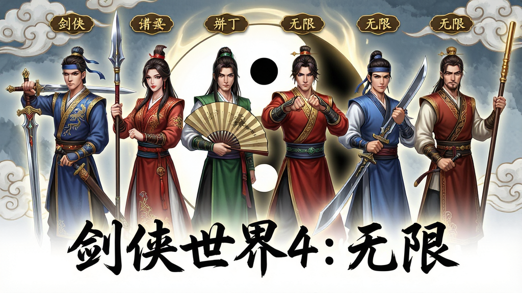 主体为六位不同门派的武侠角色并排站立,分别手持剑、枪、扇、拳套、双刀与长棍,身着各自门派标志性服饰。布局采用横向一字排开,背景为太极阴阳图与云纹图案。排版上每位角色头顶用金色小字标注门派名称,画面正下方用大号毛笔字书写“剑侠世界4:无限”。风格为精美国风立绘。细节包括武器纹理清晰、服饰刺绣精致、背景有光晕流转。画质为4K超高清,画面干净无杂乱。