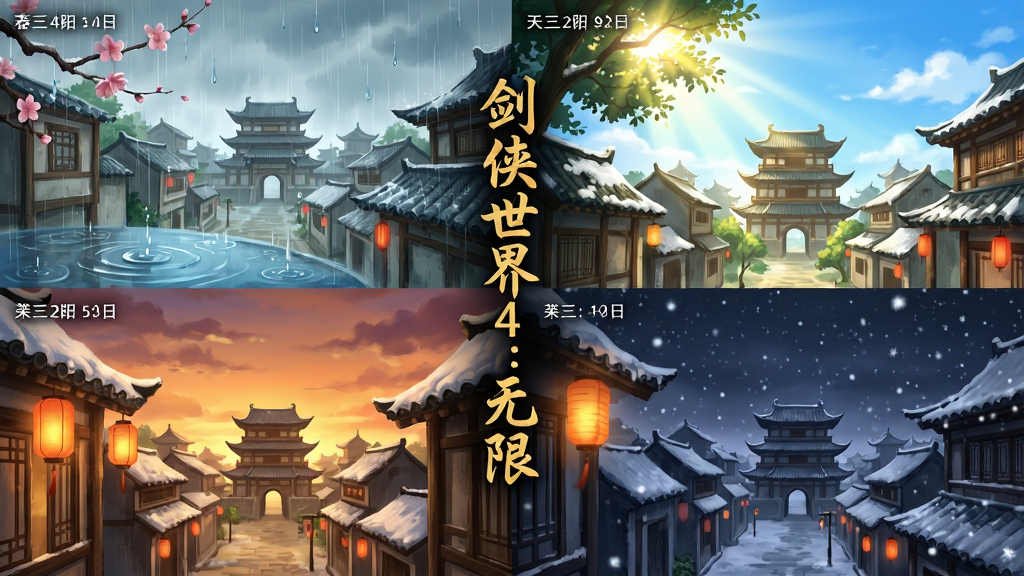 主体为同一座古典城镇在四季与昼夜不同天气下的四格拼接画面,分别展示春日细雨、夏日晴空、秋日黄昏与冬日飞雪。布局采用田字格四宫格排版,每格角落用白色小字标注天气与时辰。画面正中央用竖排金色字体书写“剑侠世界4:无限”。风格为清新国风插画。细节包括雨滴涟漪、阳光穿透树叶、雪花落在屋檐、灯笼在暮色中亮起。画质为4K超高清,画面干净整洁,无多余装饰。