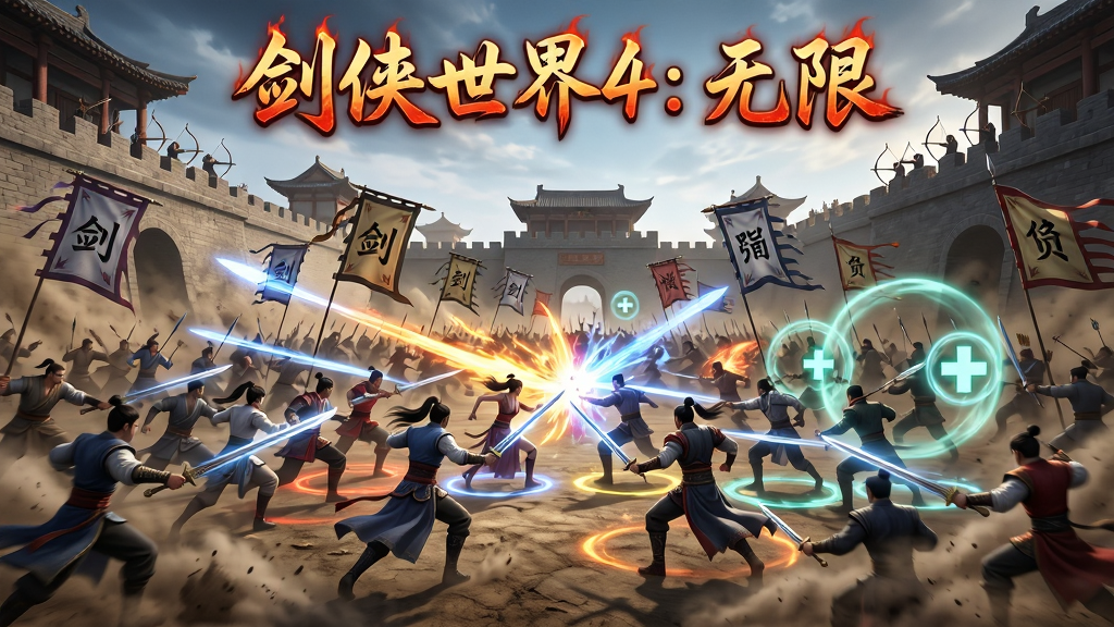主体为一场大规模的帮会团战场景,数十位武侠角色在古典战场中激烈交锋,技能特效绚烂夺目。布局采用中景广角,画面中央是双方帮会旗帜与冲锋的战士。排版上画面顶部用红色火焰字体书写“剑侠世界4:无限”。风格为史诗级国风战争CG。细节包括剑气纵横、治疗光环、城墙上的弓箭手、地面扬起的尘土。画质为8K超高清,画面充满动感但无杂乱元素。