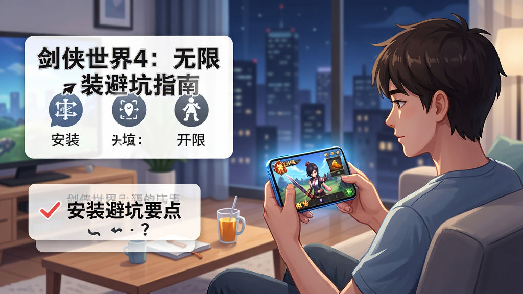 主体为一位新手玩家坐在现代客厅沙发上手持手机玩剑侠世界4:无限,手机屏幕中显示游戏主界面与角色创建页面。布局采用中景侧面视角,人物位于画面右侧,左侧用浮窗形式展示安装步骤图标与避坑要点文字框。排版上浮窗文字用中文书写“剑侠世界4:无限 安装避坑指南”。风格为现代生活插画。细节包括手机屏幕发光、茶几上有饮料、窗外是城市夜景。画质为4K超高清,画面干净明亮,无多余杂物。