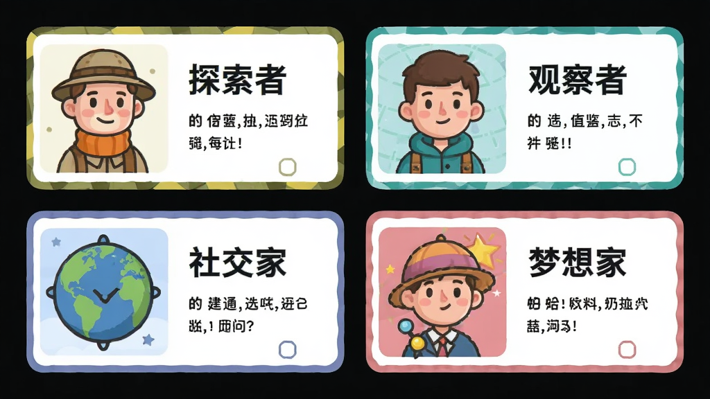 ����online��ɫ�˸��趨����ͼ������չʾ�ĸ���ͬ���Ľ�ɫ��Ƭ���ֱ���̽���ߡ��۲��ߡ��罻�Һ�����ң���Ƭ���ж�Ӧ��ͼ��ͼ������������Ϊ���������������У��Ű����룬���Ϊ��ͨ��ƽ����ƣ�ϸ�ڰ�����ɫͷ��ķ��κͱ�����죬���ʸ��壬�ɾ����޶���Ԫ��