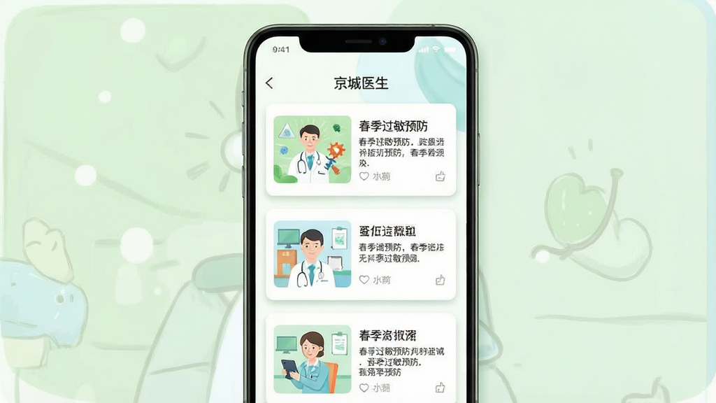 一张展示健康科普资讯列表的手机界面插画,画面中“京城医生”App的资讯页面排列着带有缩略图的文章卡片,标题包括“春季过敏预防”等字样。布局为手机屏幕竖版展示,风格为清新浅色UI风格,色调以白色、浅绿色和浅蓝色为主,细节上卡片有细微的投影效果。画质清晰,干净,无多余元素。