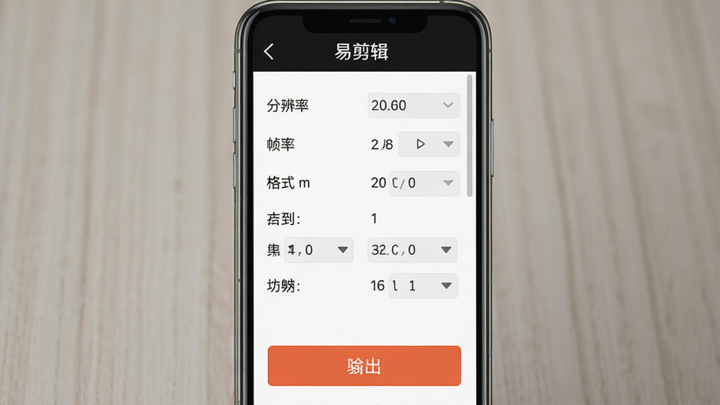 一张展示易剪辑导出设置界面的图片,画面为手机屏幕,屏幕内显示导出参数选项,包括分辨率、帧率、格式等,界面顶部有“易剪辑”文字,底部有醒目的导出按钮,整体排版清晰,风格简约,画质干净,无多余元素