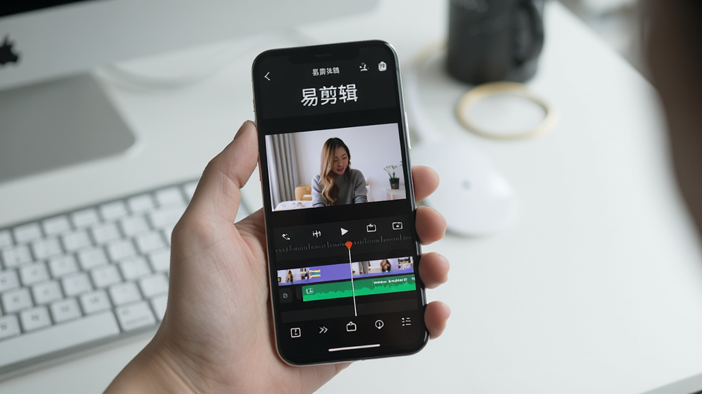 一张展示易剪辑在手机上编辑视频的实景图片,画面为一只手拿着手机,屏幕内显示易剪辑时间轴与预览画面,屏幕上方有“易剪辑”文字,背景为简洁桌面,整体风格生活化,细节清晰,画质干净,无多余元素