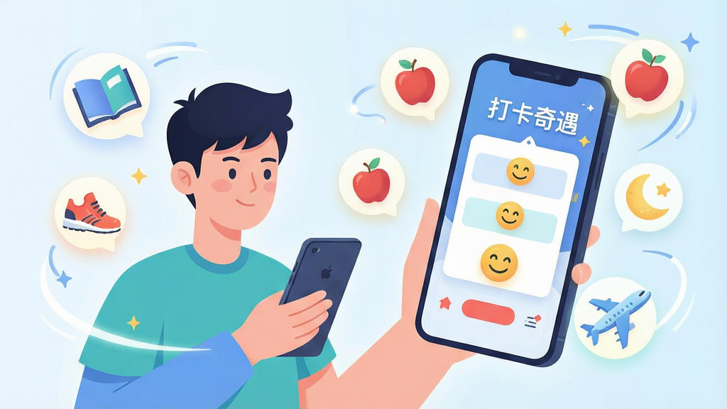 画面中央是一位年轻用户手持手机,手机屏幕显示打卡奇遇的趣味主题选择界面,周围漂浮着各种打卡图标,如书本、跑步鞋、苹果、月亮、笑脸、飞机等。布局采用环绕式构图,人物位于左侧,右侧展开手机界面。风格为现代扁平插画,细节上加入柔和光晕和动态线条,画质清晰,画面干净,无多余元素,屏幕中文字显示“打卡奇遇”。