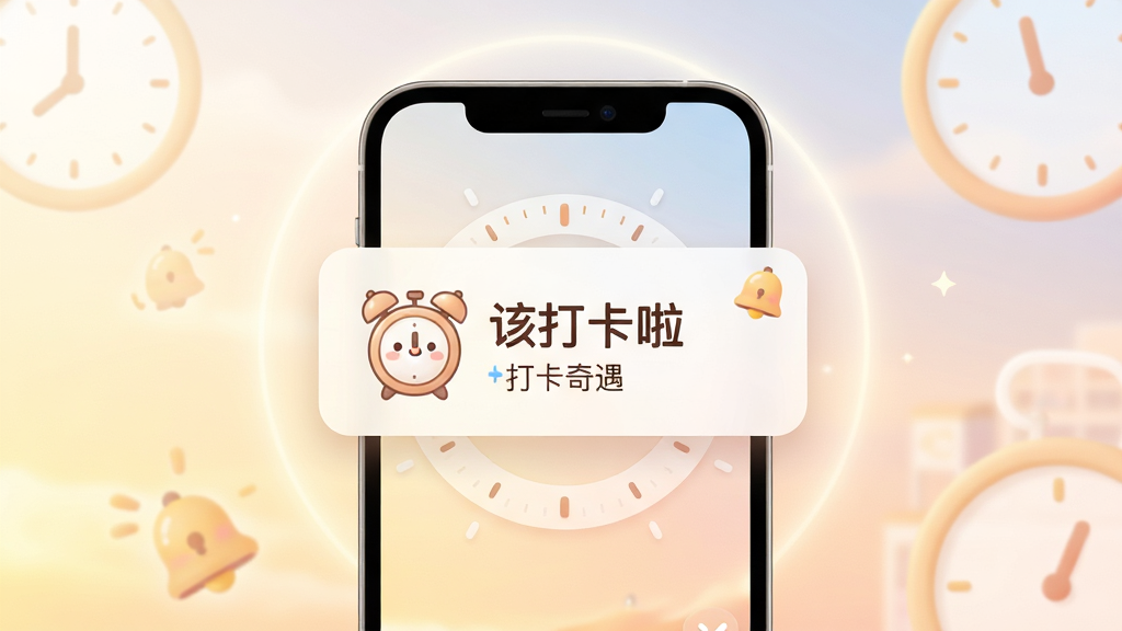 画面展示一部手机屏幕弹出打卡奇遇的提醒通知,通知卡片上显示“该打卡啦”和可爱的闹钟图标,背景是柔和的晨光色调。布局采用中心聚焦,手机位于画面中央,周围有轻微的光晕和时钟元素。风格为柔和圆角设计,细节上加入时间刻度和铃铛图标,画质清晰,画面干净,无多余元素,通知中文字包含“打卡奇遇”。