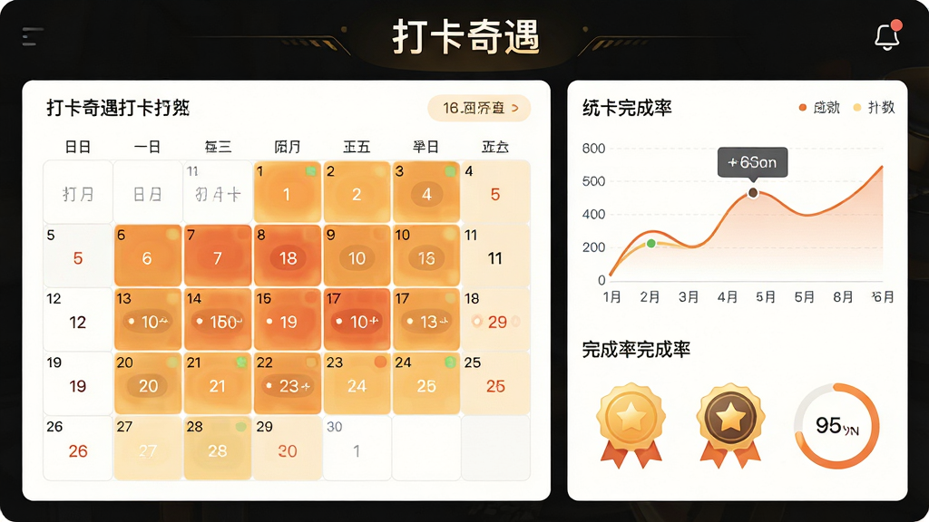 画面以数据统计面板为核心,展示打卡奇遇的日历热力图和折线图,图表色彩温暖,显示连续打卡天数和完成率。布局采用左右分栏,左侧为日历网格,右侧为统计图表和成就徽章。风格为清新商务风,细节上加入数字标注和进度环,画质高清,画面干净,无多余元素,图表上方标注“打卡奇遇”。