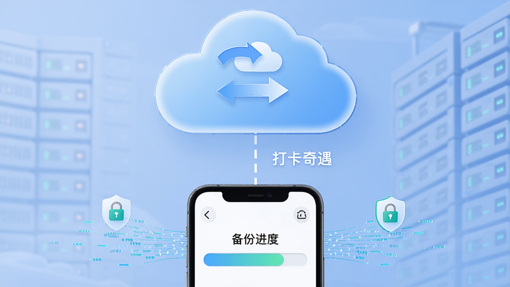 画面以云端服务器和手机之间的数据同步为主题,手机屏幕显示打卡奇遇的备份进度条,上方有云朵图标和同步箭头。布局采用上下结构,云朵在上方,手机在下方,中间用虚线连接。风格为科技简约风,细节上加入数据流线和锁形安全图标,画质高清,画面干净,无多余元素,画面中标注“打卡奇遇”。