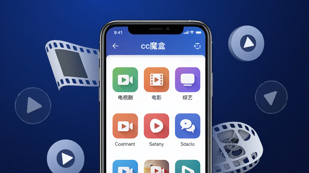 一张展示cc魔盒软件主界面的概念图,画面中央是一台智能手机,屏幕上显示cc魔盒的影视分类页面,包含电视剧、电影、综艺等图标,背景为深蓝色渐变,周围环绕着电影胶片和播放按钮元素,风格简洁现代,画质清晰,干净无多余元素