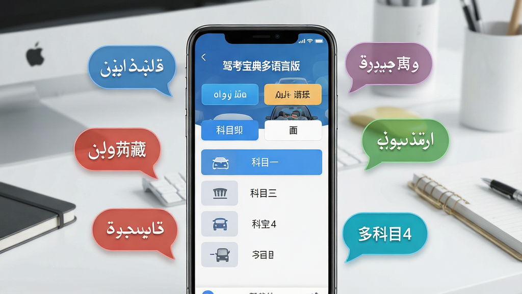 一张展示驾考宝典多语言版软件主界面的图片,画面中心是手机屏幕,屏幕内显示多种语言切换按钮和科目一至科目四的选项目录,周围环绕着维吾尔语、藏语、英语等语言气泡,背景为干净整洁的书桌环境,风格写实科技感,细节清晰,画质高清,画面中文字标注“驾考宝典多语言版”,干净无多余元素