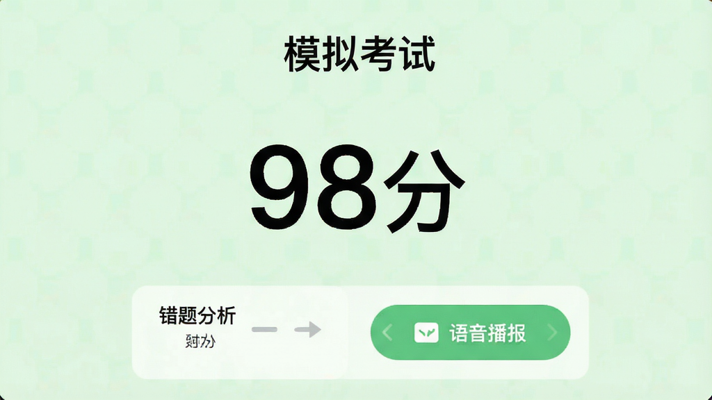 驾考宝典多语言版模拟考试结束后的成绩单页面,画面显示一个大大的分数“98分”,下方有错题分析和语音播报按钮,背景为淡绿色护眼色调,风格清新,画质清晰,画面中文字标注“模拟考试”,干净无多余元素