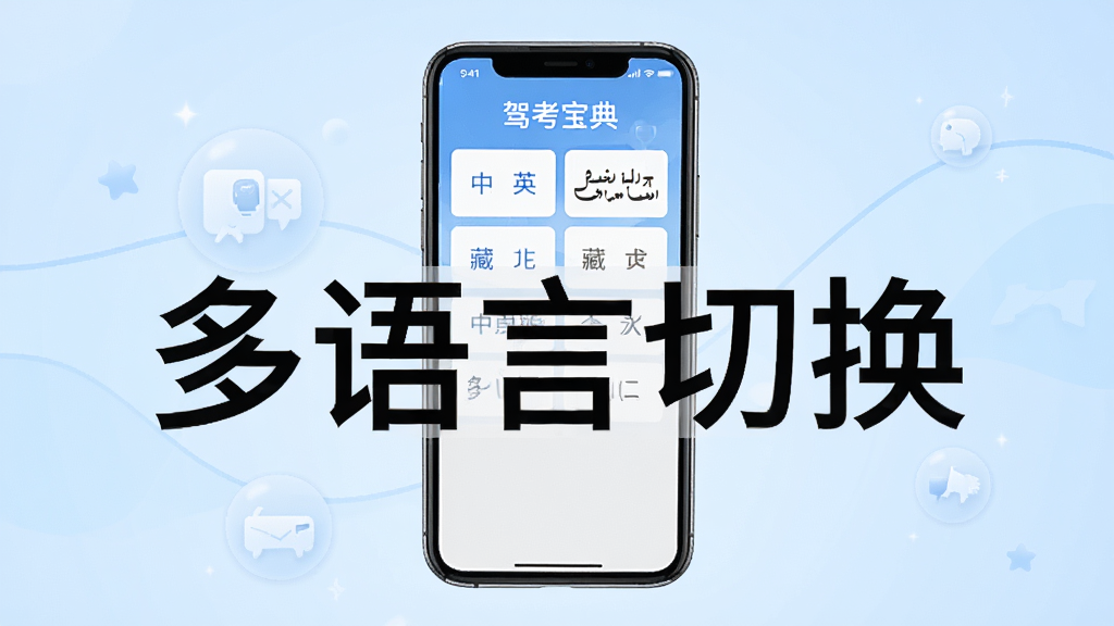 一部智能手机放置在画面中央,屏幕显示驾考宝典多语言版的语言选择界面,界面内整齐排列着中文、英文、维吾尔文、藏文等选项,背景为柔和的浅蓝色渐变,风格简洁明快,画质清晰,画面中文字标注“多语言切换”,干净无多余元素