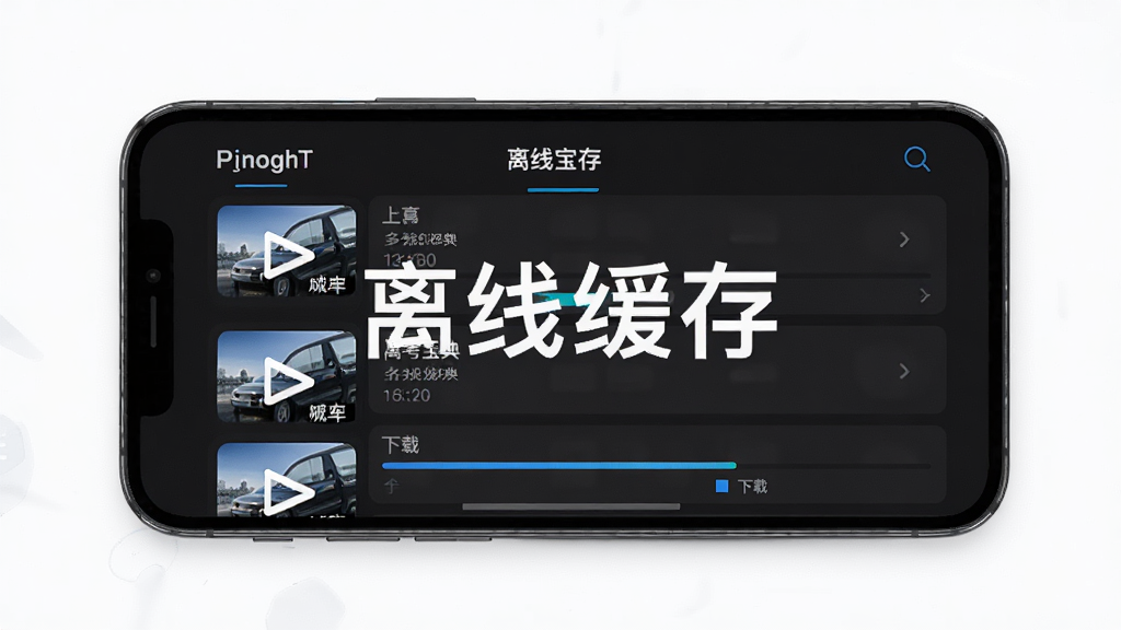 一部手机显示驾考宝典多语言版的离线缓存管理页面,画面中有多个视频文件列表和下载进度条,背景为深色模式界面,风格科技感,画质高清,画面中文字标注“离线缓存”,干净无多余元素