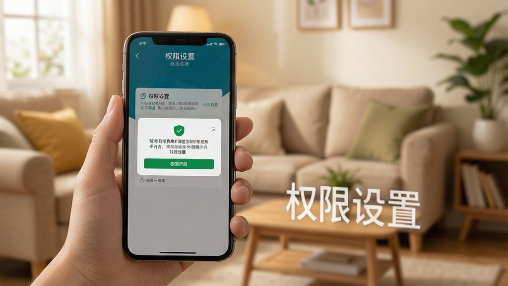 驾考宝典多语言版的新手引导页面,画面中有一只手拿着手机,手机屏幕显示权限开启的提示弹窗,背景为温馨的家居环境,风格生活化,画质清晰,画面中文字标注“权限设置”,干净无多余元素