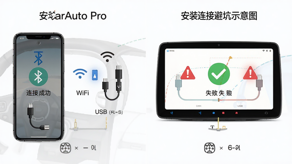 CarAuto Pro 安装连接避坑示意图,主体为手机与车机屏幕同时显示连接成功与失败对比,布局为左右分栏,风格为简洁信息图,细节包含蓝牙、WiFi、USB线、警告图标与对勾图标,画质清晰,干净,无多余元素