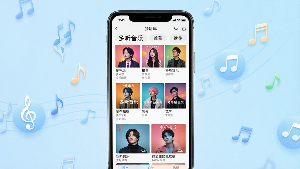 一张展示多听音乐APP海量曲库界面的手机截图,画面中手机屏幕显示音乐分类列表和推荐歌单,封面图丰富多样,色彩鲜艳。背景为淡蓝色渐变,点缀着音符图标。风格清新明快,排版整齐,画质高清,干净无多余元素,画面中有