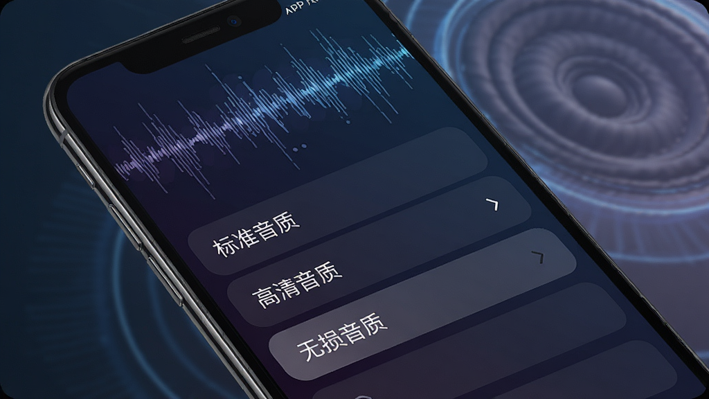 一张展示多听音乐APP音质选择界面的手机截图,手机屏幕显示音质设置选项列表,包括标准音质、高清音质、无损音质等选项,界面简洁清晰。背景为深色系渐变,带有抽象声波图案。风格科技感十足,排版清晰,画质高清,干净无多余元素。