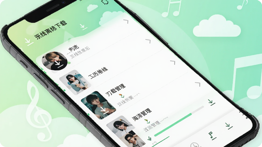 一张展示多听音乐APP离线下载管理界面的手机截图,手机屏幕显示已下载歌曲列表和下载进度条,带有下载箭头图标。背景为浅绿色渐变,点缀着云朵和音符图案。风格简约清新,排版整齐,画质高清,干净无多余元素。