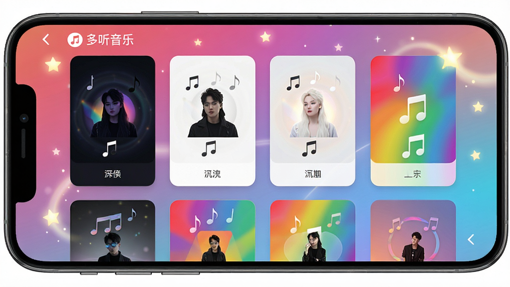 一张展示多听音乐APP主题皮肤选择界面的手机截图,手机屏幕显示多个主题预览卡片,包括深色主题、浅色主题、彩色主题等。背景为渐变色,带有星星和光晕效果。风格时尚美观,排版有序,画质高清,干净无多余元素,画面中有
