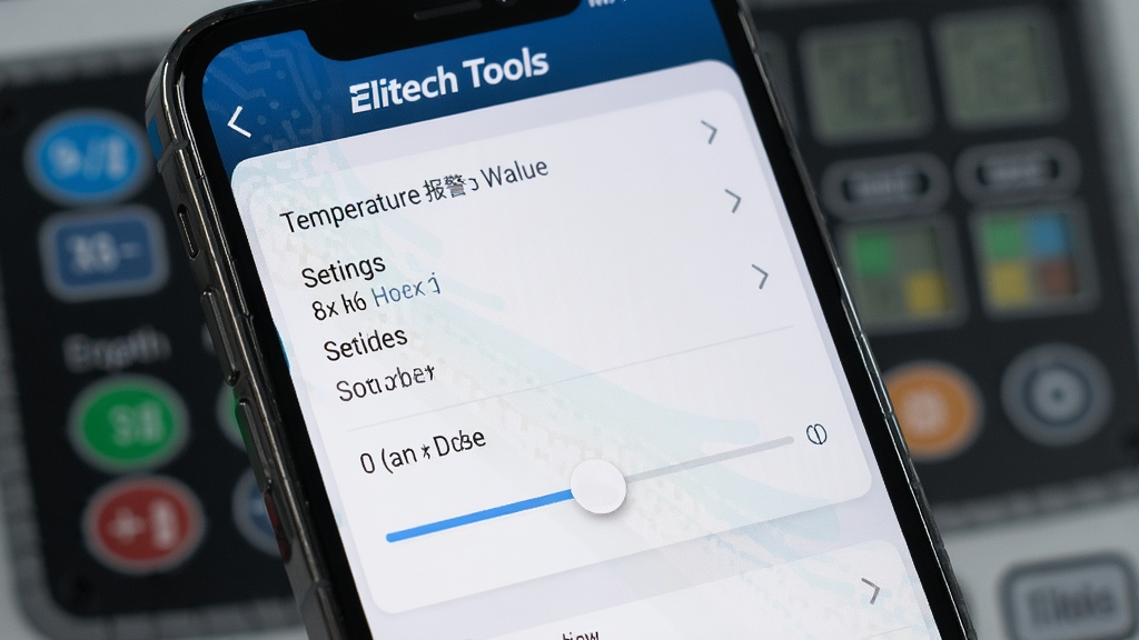 һ��չʾ Elitech Tools �������ý����ͼƬ������Ϊ�ֻ���Ļ��д����Ļ����ʾ�¶ȱ�����ֵ����ѡ��ͻ���������������Ϊ�黯�Ŀ�����壬���Ϊ�Ƽ���дʵ��ϸ�����������ʸ��壬�ɾ����޶���Ԫ��