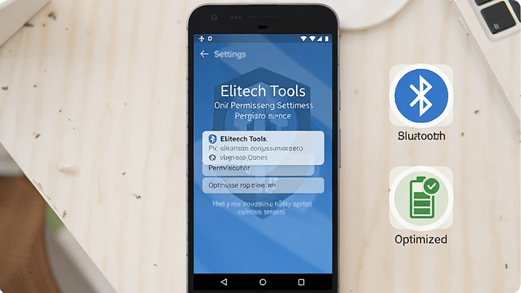 һ����׿�ֻ������������ϣ���Ļ��ʾ Elitech Tools ��Ȩ����������ҳ�棬�Ա�������ͼ��͵���Ż�ͼ�꣬������Ϊ���̳̲�ͼ�����־��У�ϸ�����������ʸ��壬�ɾ����޶���Ԫ��