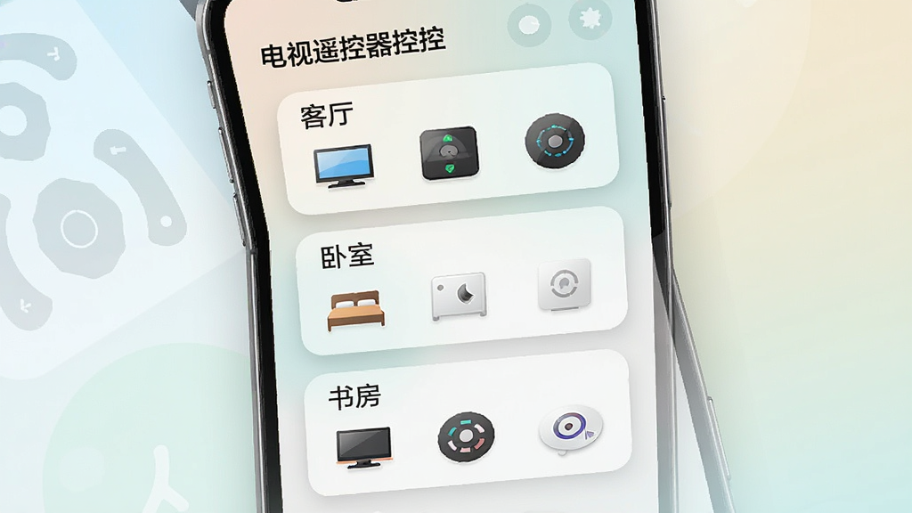 一张手机界面截图风格图片,屏幕显示“电视遥控器控”的多设备分组管理页面,有“客厅”、“卧室”、“书房”三个分组卡片,每个卡片内有对应设备图标,布局为上下排列,风格为清新极简风,细节包括卡片的圆角阴影、图标的设计感、背景的淡雅色调,画质清晰,干净,无多余元素。