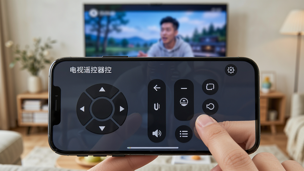 一部手机横屏显示“电视遥控器控”的遥控界面,界面中有方向键、音量键、菜单键等,背景是客厅电视正在播放画面,布局为手机特写居中,风格为生活场景风,细节包括手机屏幕的清晰显示、电视画面的模糊背景、手指轻触屏幕的动作,画质明亮,干净,无多余元素。