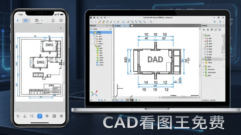 CAD看图王免费软件主界面展示,主体为一部智能手机与一台笔记本电脑并排显示CAD图纸界面,布局采用左右分栏构图,左侧手机屏幕展示DWG图纸预览与底部工具栏,右侧电脑屏幕展示图纸标注与测量面板,排版整洁有序,风格为现代科技感UI展示风格,细节包含蓝色高亮线条、尺寸标注数字、图层列表侧边栏,画质清晰干净无多余元素,画面中文字标注“CAD看图王免费”
