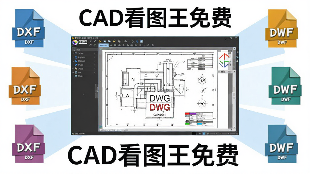CAD看图王免费多格式兼容功能展示,主体为软件界面中央打开一份DWG图纸,周围环绕DXF、DWF等格式图标,布局为居中放射状构图,排版突出中央图纸与四周格式标识,风格为扁平化科技插画风格,细节包含格式图标、图纸线条、图层色块,画质清晰干净无多余元素,画面中文字标注“CAD看图王免费”