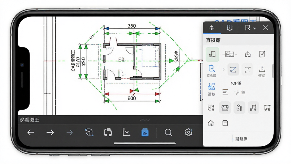 CAD看图王免费测量标注功能展示,主体为手机屏幕显示CAD图纸与测量工具面板,布局采用上下结构,上方为图纸区域下方为工具栏,排版清晰直观,风格为移动端应用界面写实风格,细节包含测量线条、尺寸数字、标注箭头、颜色标记,画质清晰干净无多余元素,画面中文字标注“CAD看图王免费”