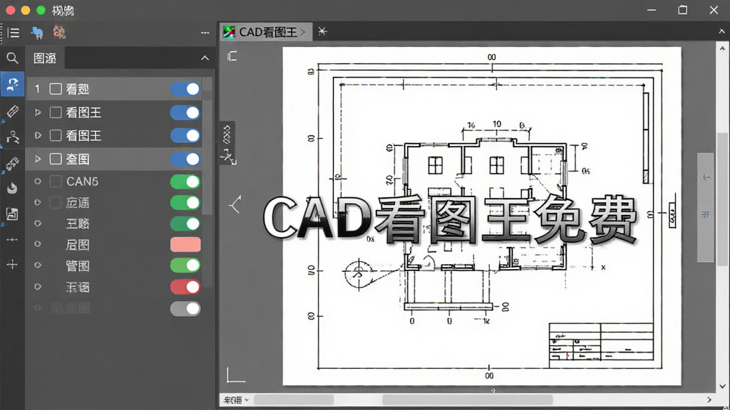 CAD看图王免费图层管理界面展示,主体为软件侧边图层列表面板与图纸预览区域,布局为左右分栏构图,左侧为图层开关列表右侧为图纸显示区,排版规整,风格为简洁工具类应用界面风格,细节包含图层名称、开关按钮、颜色标识、图纸线条,画质清晰干净无多余元素,画面中文字标注“CAD看图王免费”