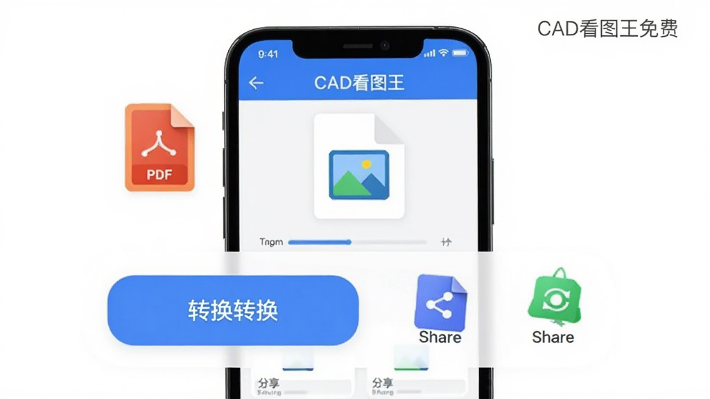 CAD看图王免费文件转换分享功能展示,主体为手机屏幕显示文件转换进度与分享菜单,布局为居中构图,排版突出转换按钮与分享图标,风格为现代移动应用插画风格,细节包含PDF图标、图片图标、分享箭头、进度条,画质清晰干净无多余元素,画面中文字标注“CAD看图王免费”