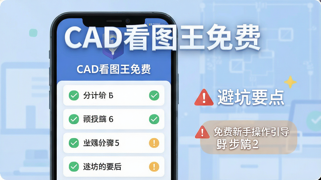 CAD看图王免费新手操作引导界面展示,主体为手机屏幕显示分步操作提示与避坑要点,布局为上下结构,上方为标题下方为步骤列表,排版清晰易读,风格为扁平化教程插画风格,细节包含步骤数字、勾选图标、警告标识、手机边框,画质清晰干净无多余元素,画面中文字标注“CAD看图王免费”